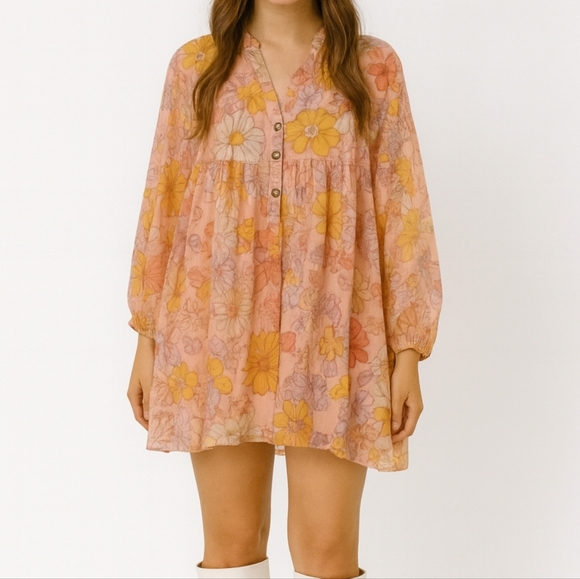 Coral light peach long sleeve boho floral dress Size Medium - Picture 1 of 8